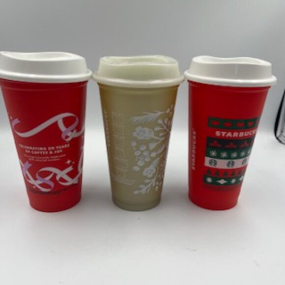 NEW Starbucks Christmas Cups Set Of 3 Red Day And Holiday 16 Oz Reusable W/ Lids - Picture 2 of 8